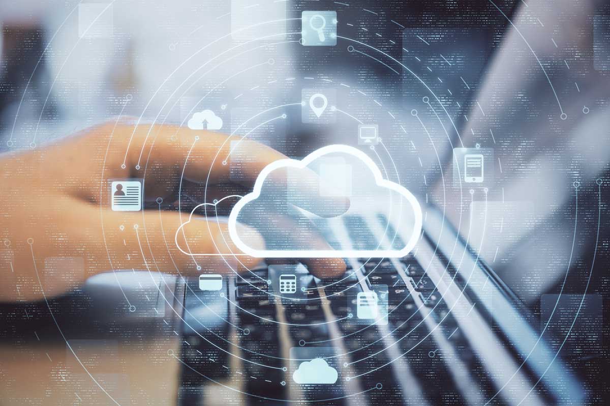 Hand working with cloud computing diagram. Cloud computing and communication concept.