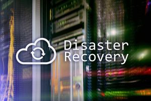 Disaster recovery. Data loss prevention. Server room on background.